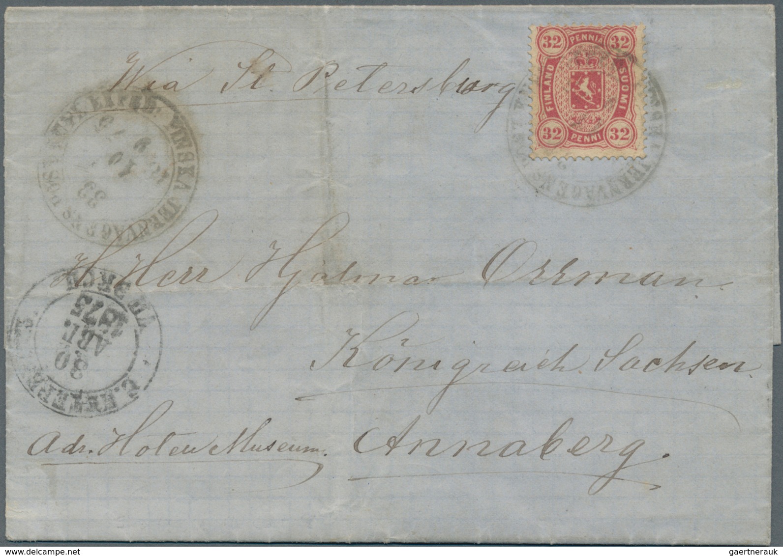 Finnland: 1875, 32 Pennia Lake Karmin Rosa, In The RARE FINE PERFORATION 14 X 13½ On Letter With Ful - Lettres & Documents