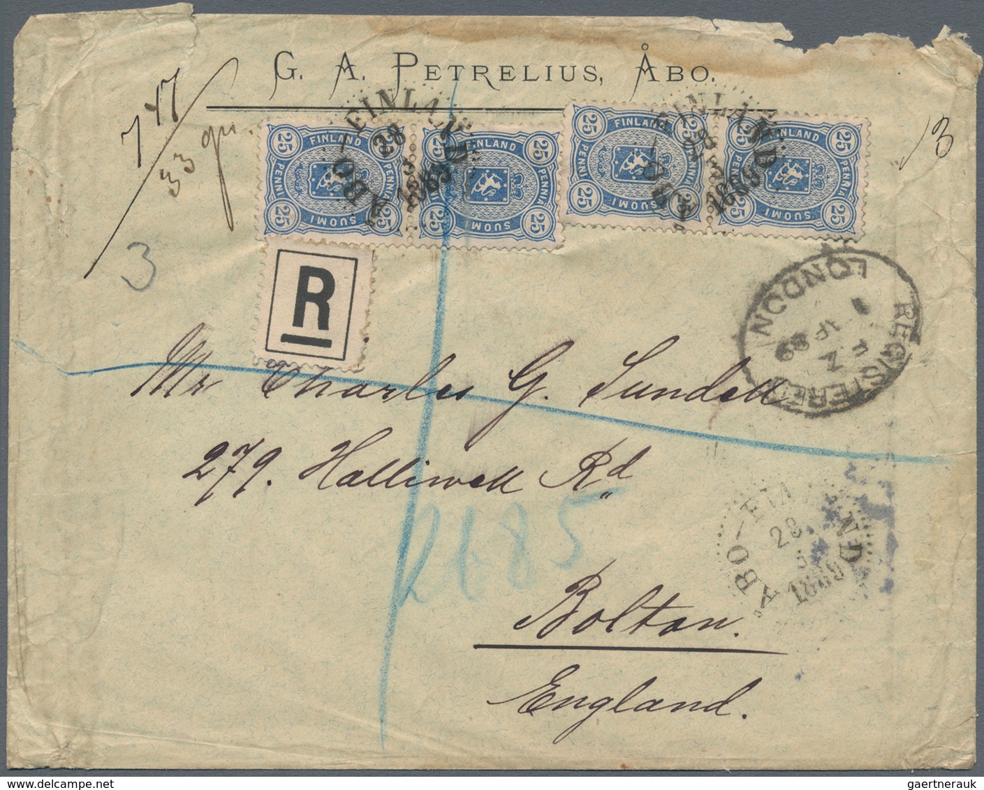 Finnland: 1889, Registered Letter Franked With Two Vertical Pairs Of The 25 P. Arms Stamp From ABO V - Lettres & Documents