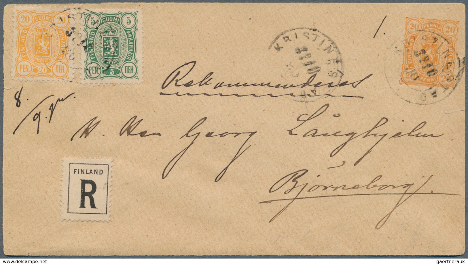 Finnland: 1890 GSU 20 P. Mit Zus.-Frank. 5 + 20 P. Als R.-Brief Von "KRISTINESTAD" Nach Bjorneborg, - Lettres & Documents