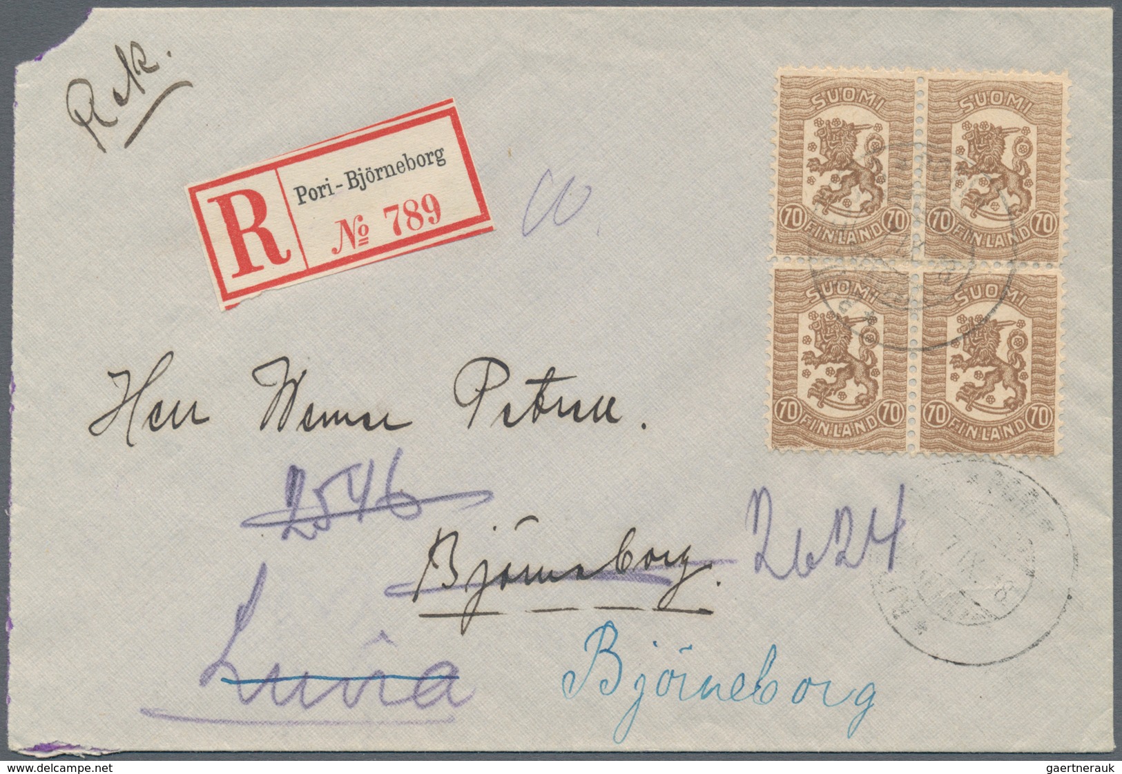 Finnland: 1918, 100 P. Waasa, Block Of Four On Registered Letter From "PORI-BJÖRNEORG". Envelope Wit - Lettres & Documents