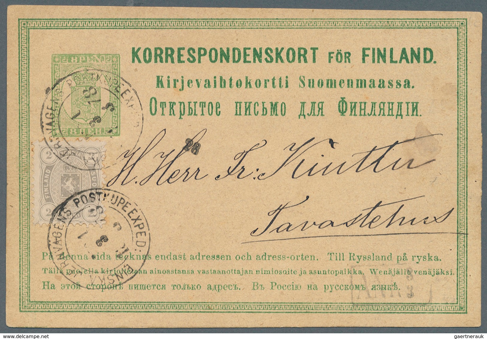 Finnland - Ganzsachen: 1878, Postal Stationery Card 8p Green Upgraded With Yvert 13a, 2p Grey Tied B - Entiers Postaux