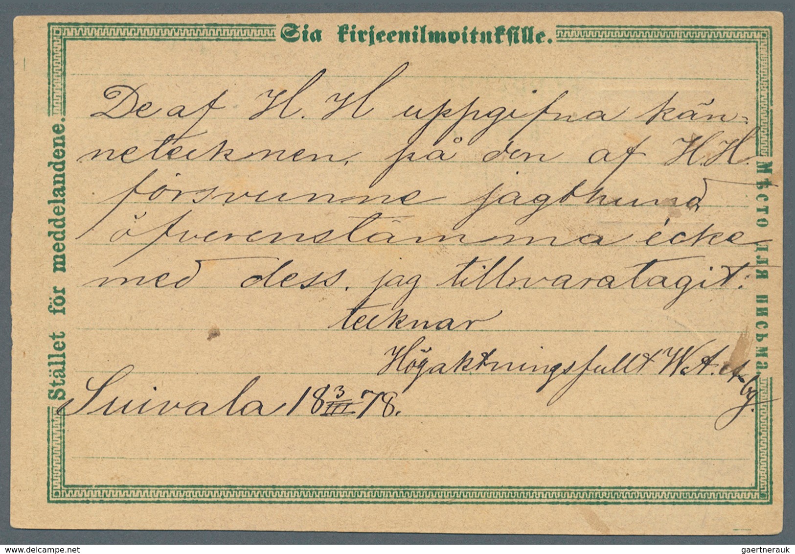 Finnland - Ganzsachen: 1878, Postal Stationery Card 8p Green Upgraded With Yvert 13a, 2p Grey Tied B - Entiers Postaux