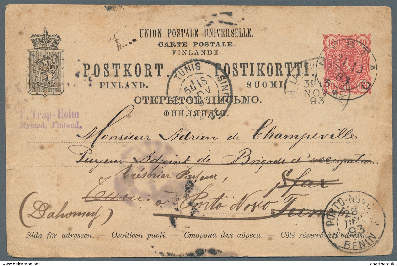 Finnland - Ganzsachen: 1893. Postal Stationery Card 10p Rose (stains And Toned) Cancelled By Nystad - Entiers Postaux