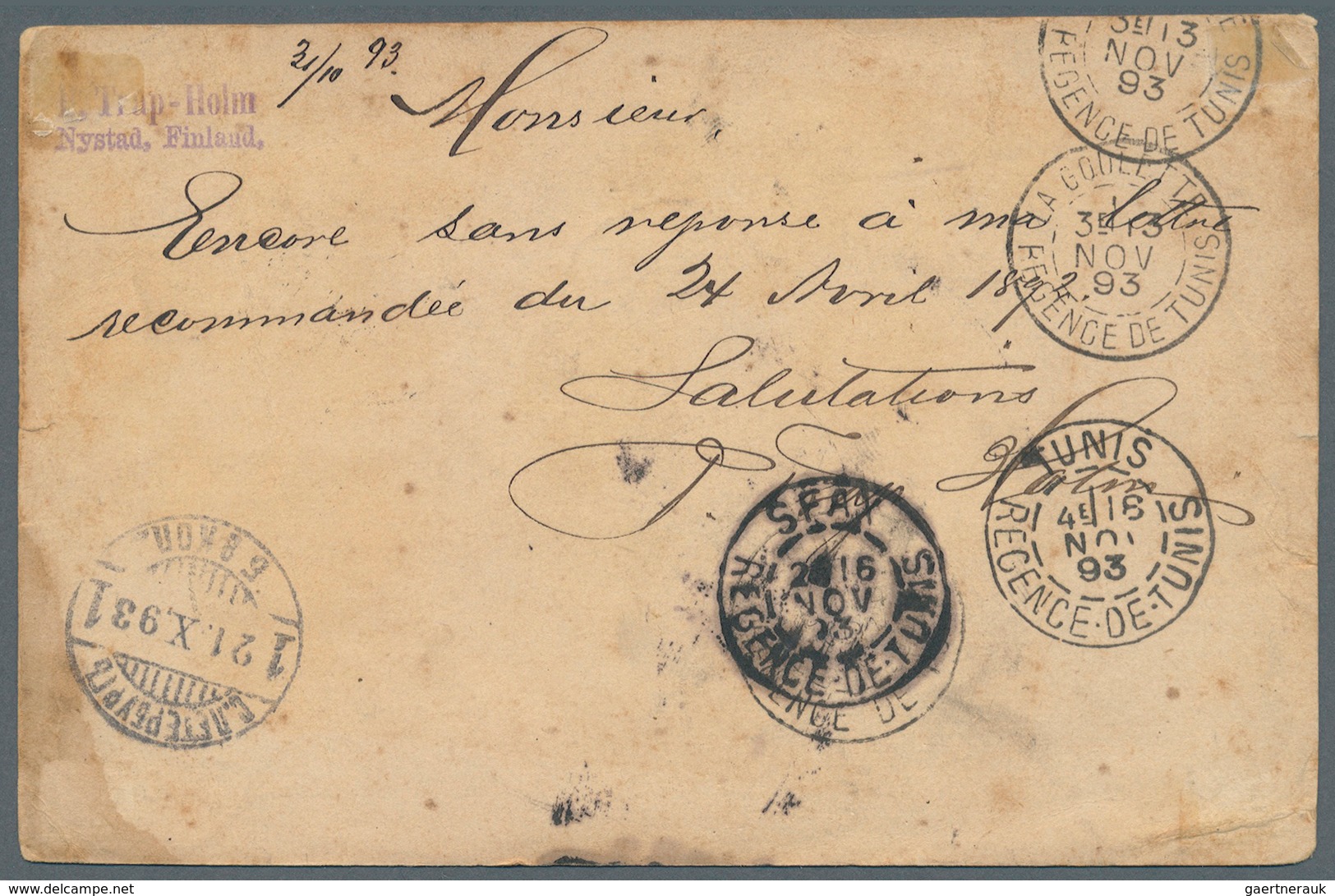 Finnland - Ganzsachen: 1893. Postal Stationery Card 10p Rose (stains And Toned) Cancelled By Nystad - Postal Stationery