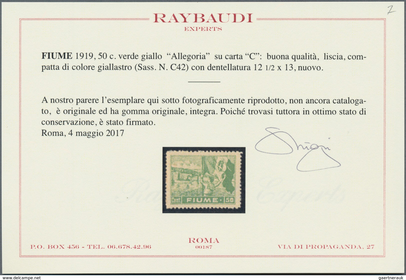 Fiume: 1919, 50 C Yellow Green Allegoria On 'C' Paper, Perf. 12 1/2 : 13, Slightly Toned Perforation - Fiume