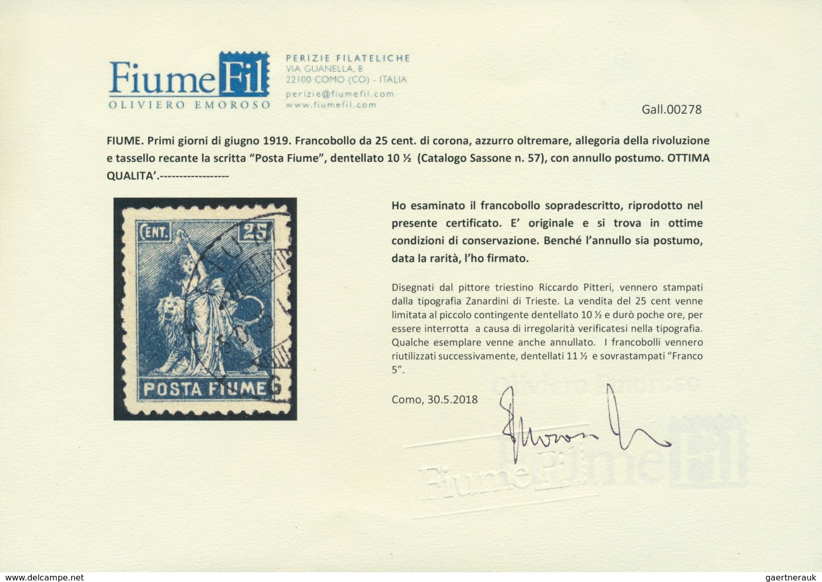 Fiume: 1919, 25 C Blue, Inscription "POSTA FIUME", Perf.10 1/2, Unissued Stamp With Post-hoc Applied - Fiume