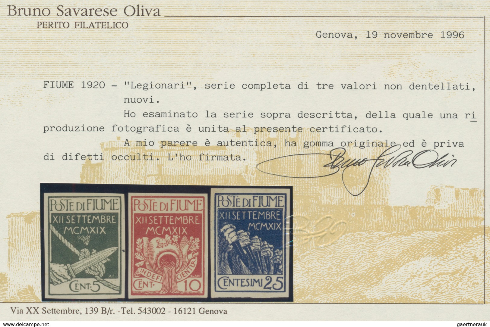 Fiume: 1920. "Entry Of The Legionnaires Into Fiume", All Three Imperforated Values Now In Mint Condi - Fiume