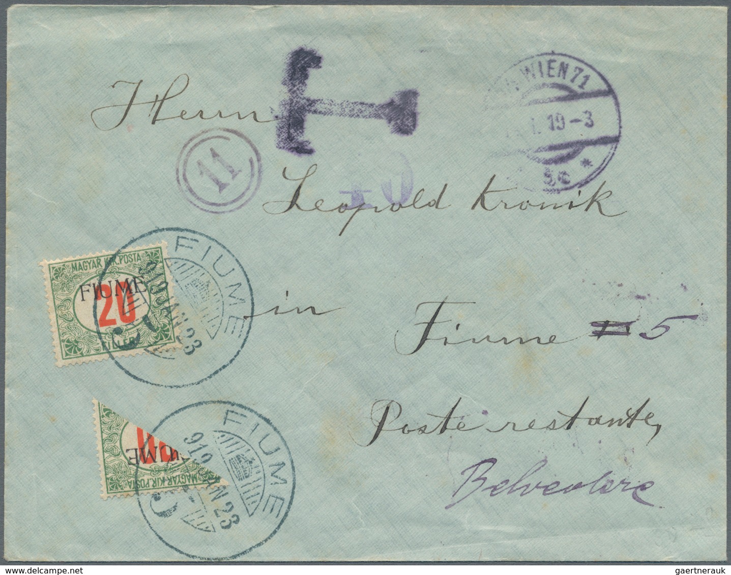 Fiume - Portomarken: 1919, Stampless Cover From WIEN, (..).I.19, Addressed "poste Restante" To Fiume - Fiume