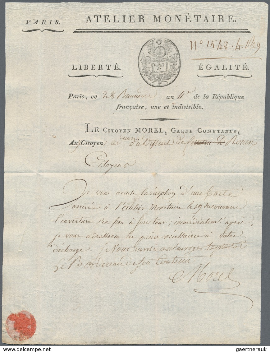 Frankreich - Vorphilatelie: 1794. Administrative Mark From "Agence Monetaire". Photo Certificate By - 1801-1848: Vorläufer XIX
