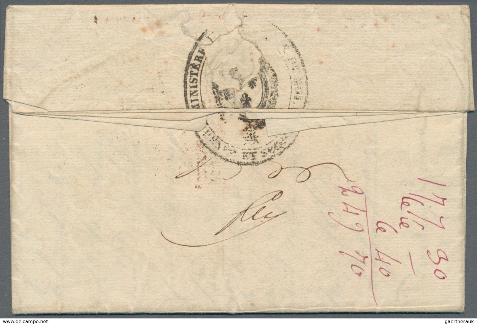 Frankreich - Vorphilatelie: 1820, ROYAL SERVICE, Entire Letter With Red Double-line Handstamp "Minis - 1801-1848: Précurseurs XIX