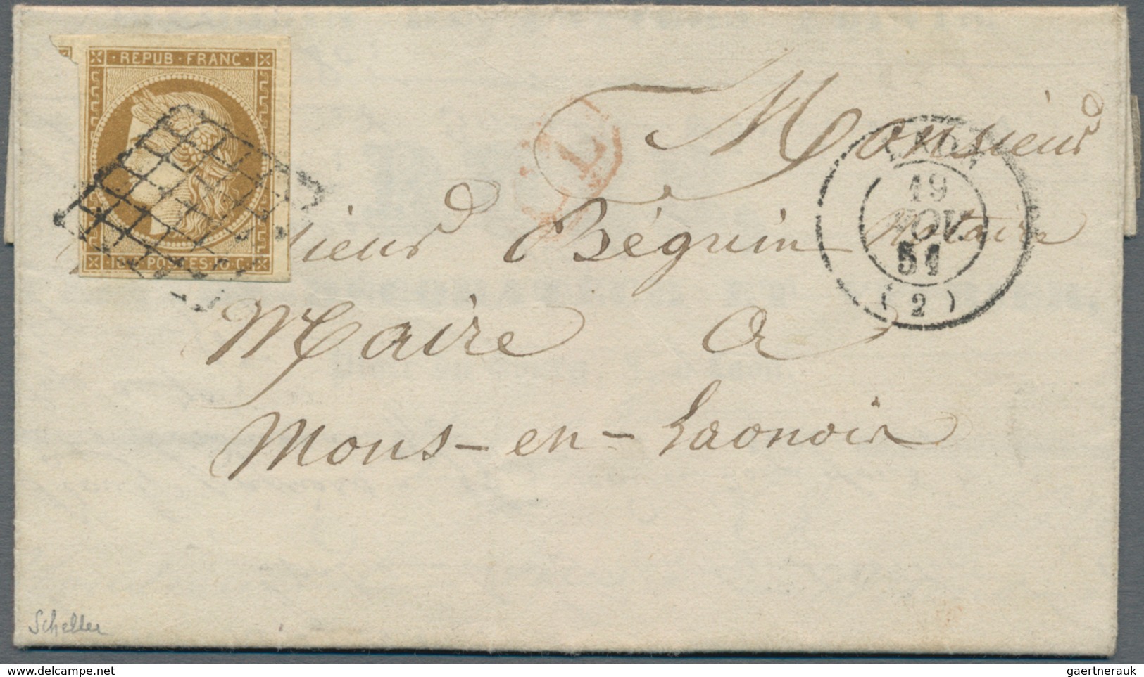 Frankreich: 1850, 10c. Bistre, Fresh Colour And Full To Huge Margins With Parts Of Adjoining Stamps, - Lettres & Documents