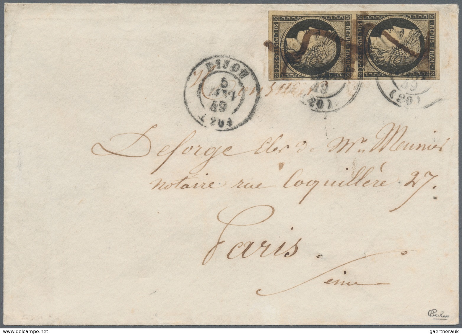 Frankreich: 1849, JANUARY DATE, 20c. Black On Yellow Paper, Vertical Pair, Fresh Colour And Close To - Covers & Documents