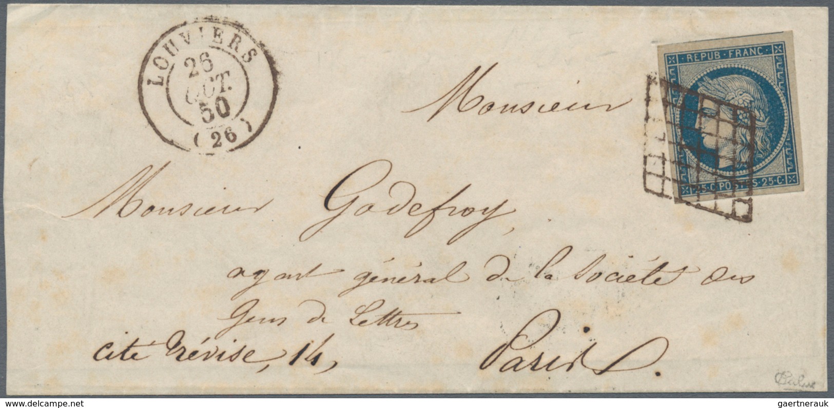 Frankreich: 1850, Ceres 25c. Blue, Fresh Colour And Full To Huge Margins, Single Franking On Letters - Lettres & Documents