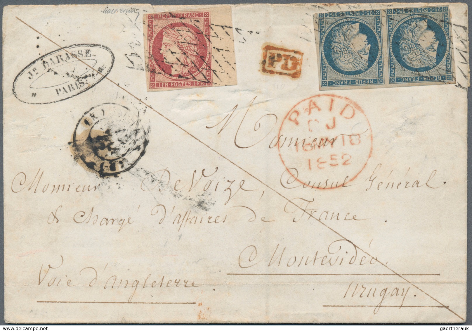 Frankreich: 1849/50, Ceres 1 Fr. Carmine, 25 C. Blue (pair) Canc. Endless Grill To Folded Envelope F - Lettres & Documents