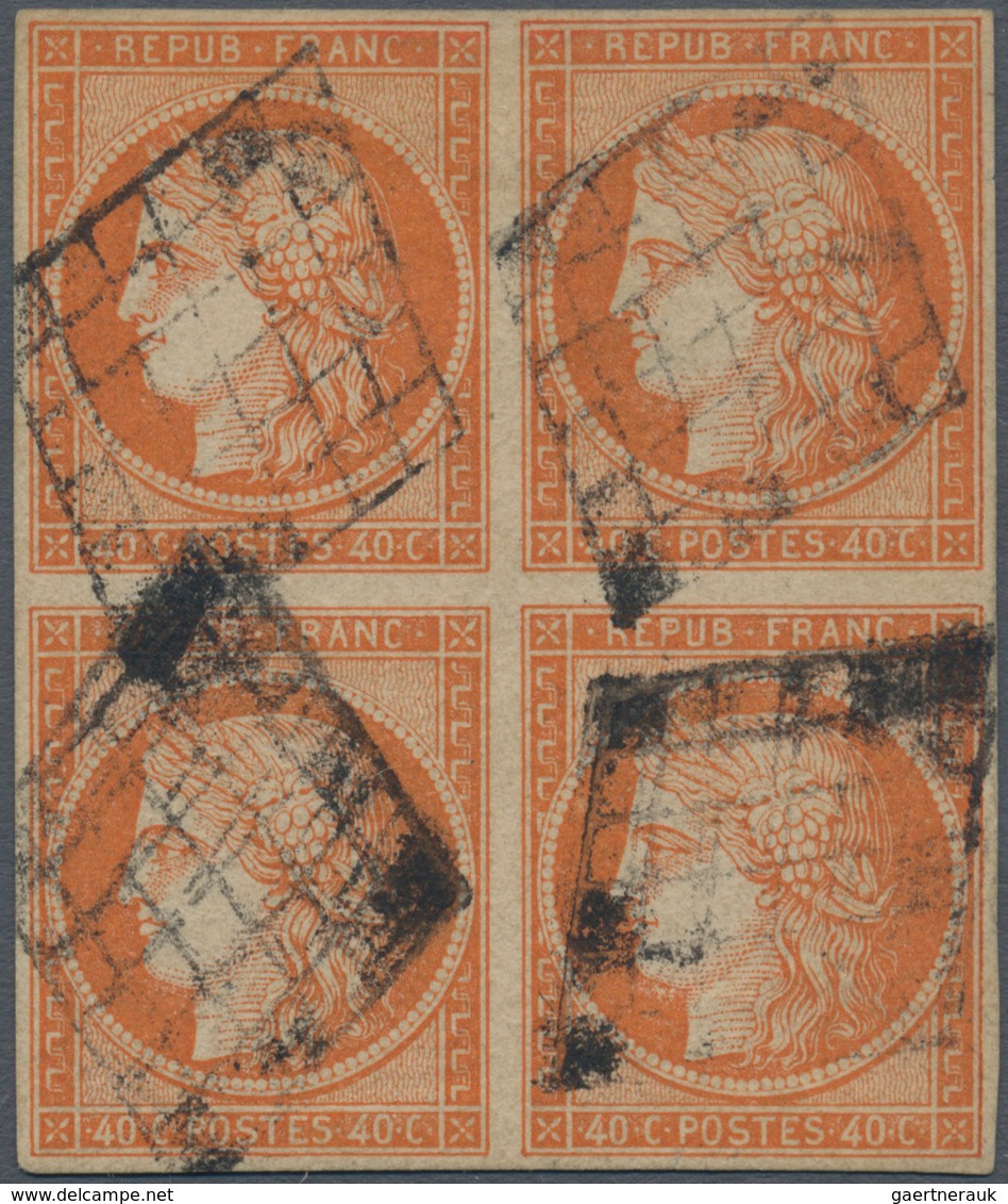 Frankreich: 1850, Ceres 40c. Orange, BLOCK OF FOUR (some Thin Spots/repairs), Bright Colour, Each St - Covers & Documents