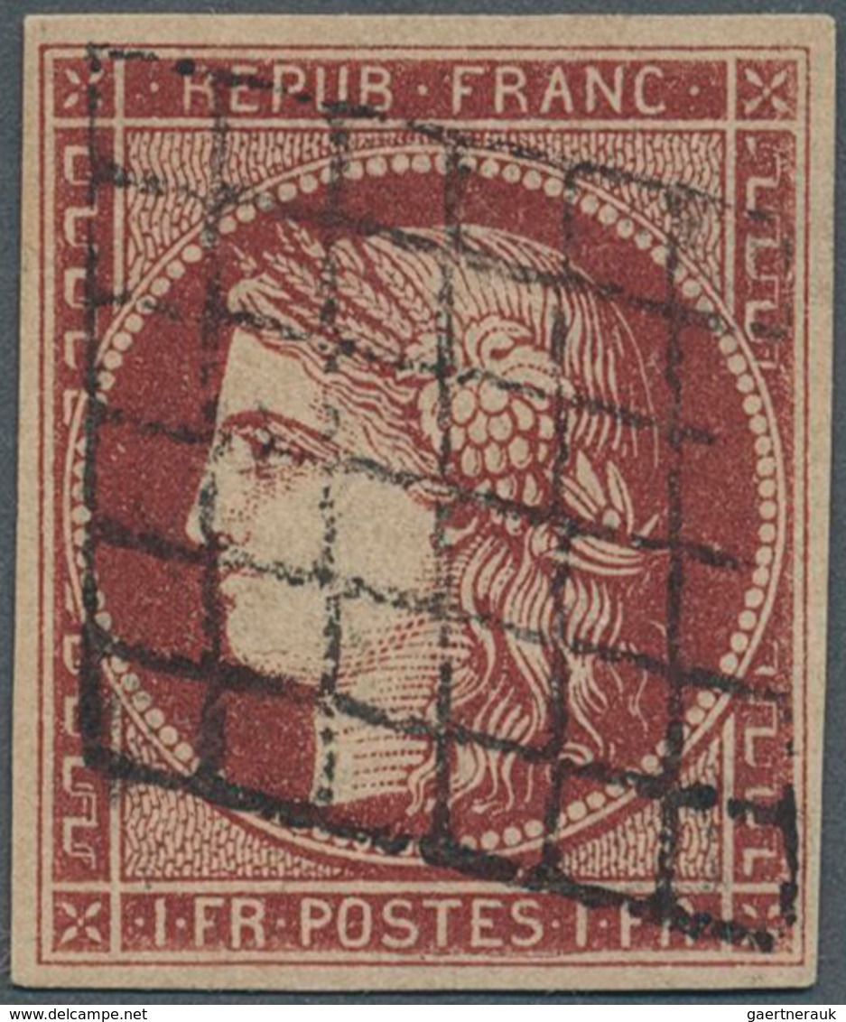 Frankreich: 1849, 1 Franc Ceres Brown Carmine With Full To Large Margins And Clear "Grille" Cancella - Lettres & Documents