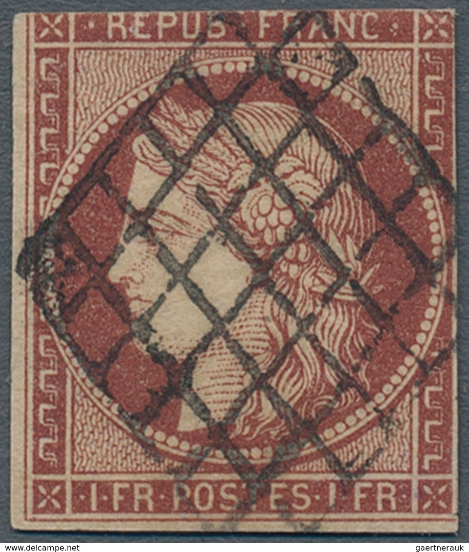 Frankreich: 1849, 1 Fr. Brown-carmine, Good Margins At Left And Right, Cut At Top, Used Grid Cancel, - Lettres & Documents