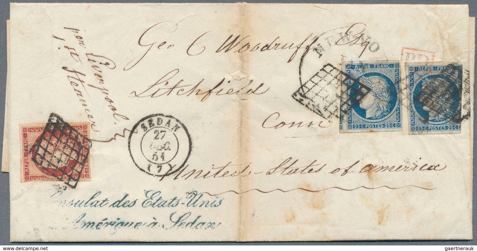 Frankreich: 1851, 1fr. Carmine And Two Singles 25c. Blue, All Fresh Colour, Cut Into To Huge Margins - Covers & Documents