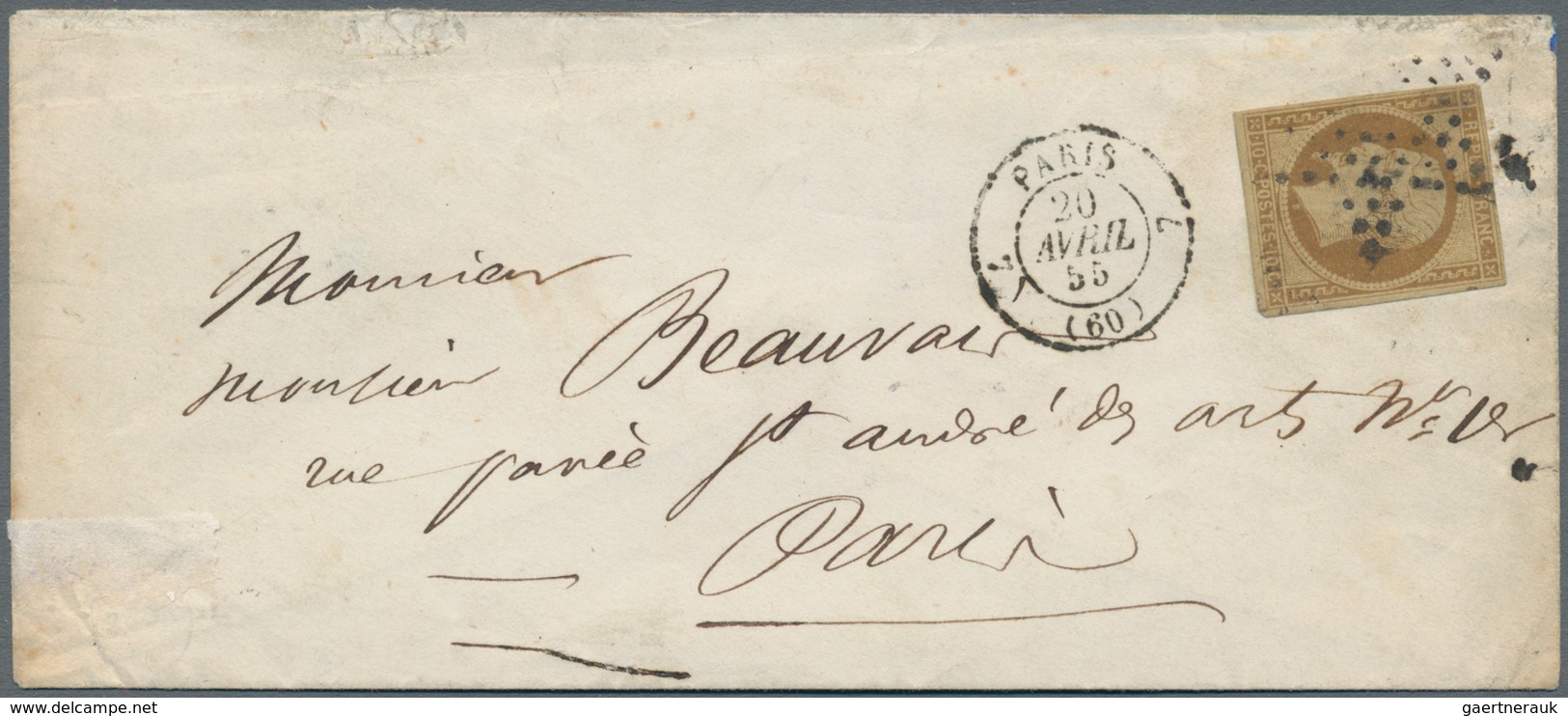 Frankreich: 1852, 10 C. Yellow-brown „REPUBL. FRANC.” On Envelope, Cancelled "PARIS 20 AVRIL 55 (60) - Covers & Documents