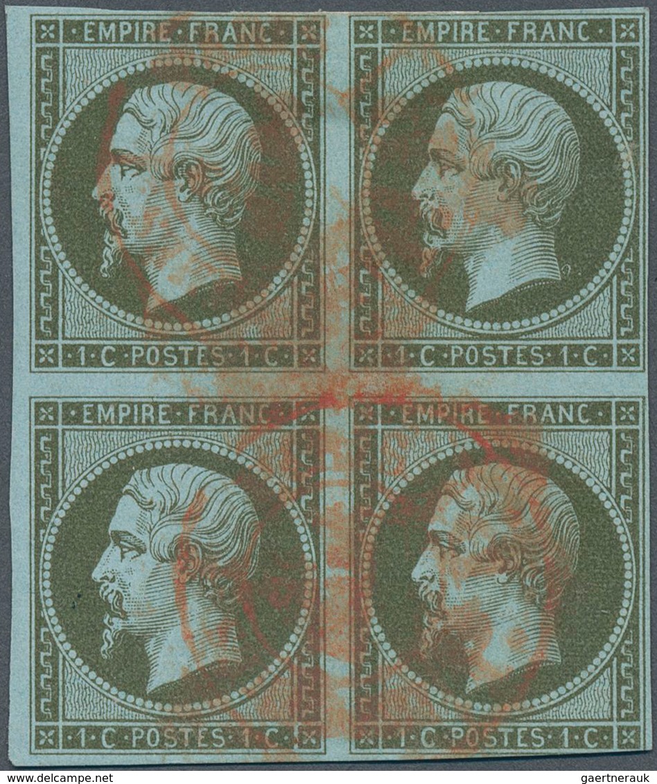 Frankreich: 1853, 1 C. Olive-green On Bluish, Block Of Four, Cancelled With Red Postmark, Signed Bru - Covers & Documents