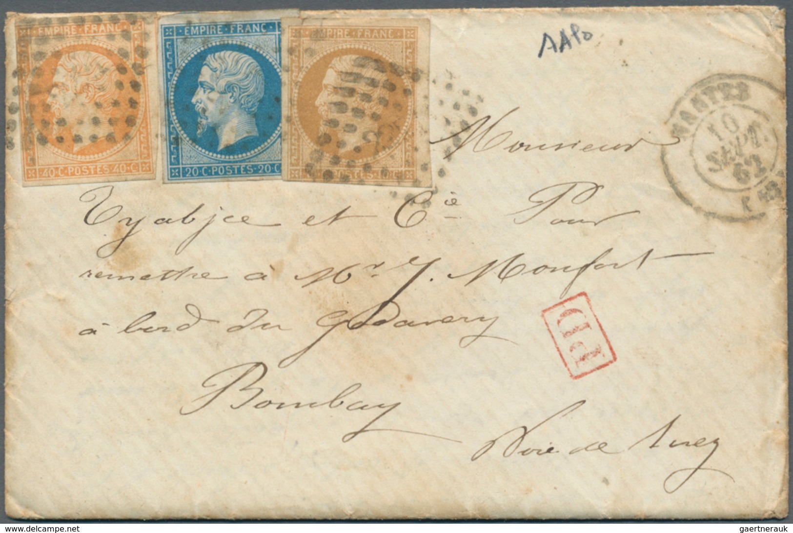 Frankreich: 1853/1862: 10 C Bown, 20 C Blue And 40 C Orange, Napoleon III, Tied By Dotted Numeral 22 - Lettres & Documents