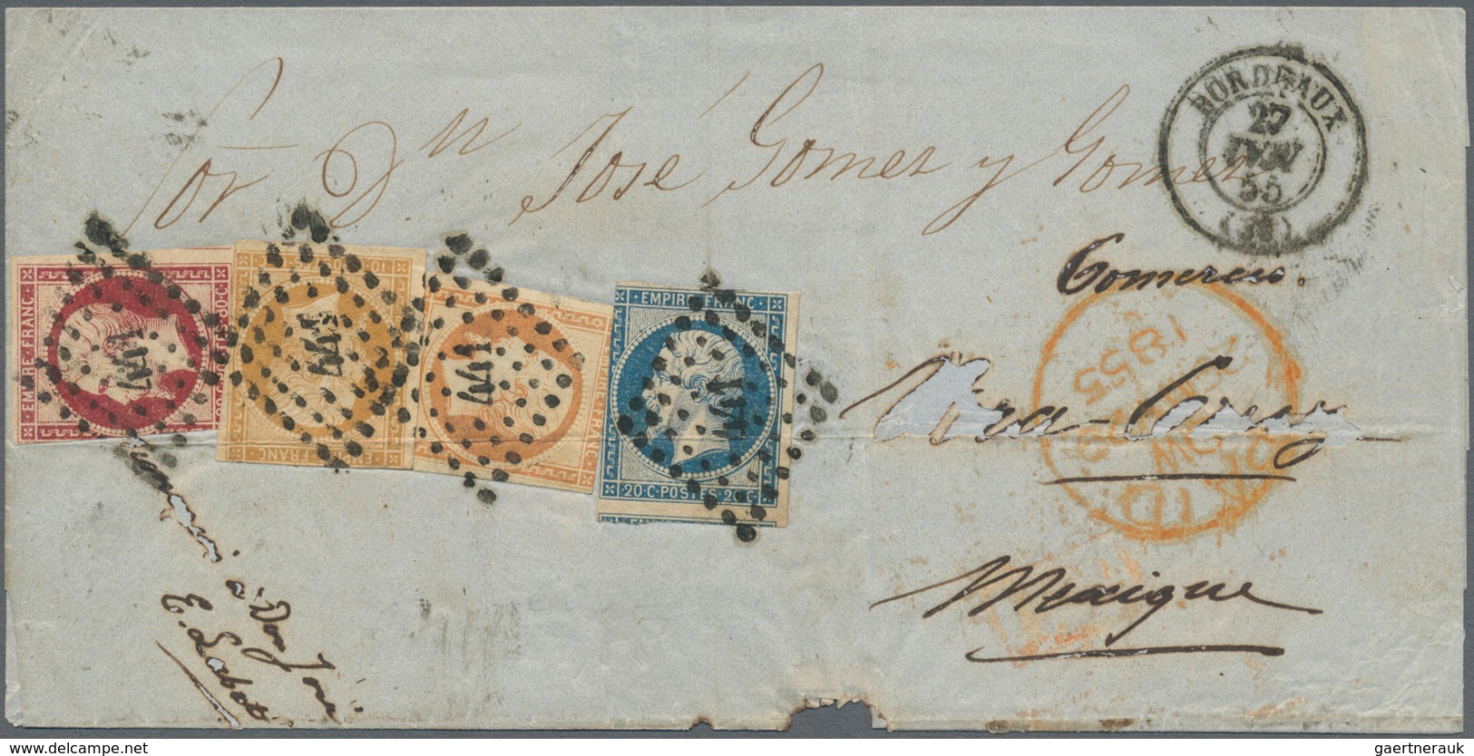 Frankreich: 1853/1855: Napoleon III, 10 C Brown, 20 C Blue, 40 C Orange And 80 C Carmine, Eacht Tied - Covers & Documents