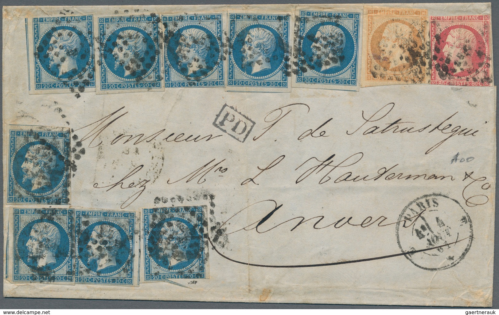 Frankreich: 1853, 20 C Blue, Nine Singles, 40 C Orange And 80 C Carmine, Tied By Dotted Lonzenge To - Covers & Documents