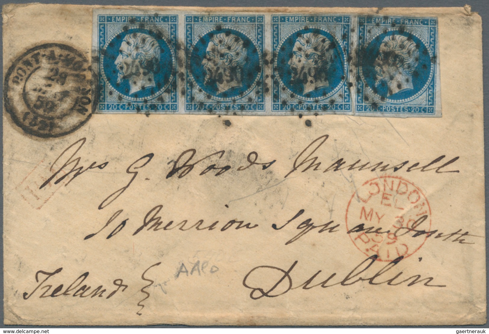 Frankreich: 1853/1859: 20 C Blue, Horizontal Strip Of Four, Tied By Dotted Numeral 2490, PONT A MOUS - Lettres & Documents