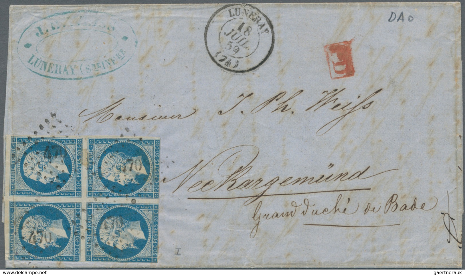 Frankreich: 1853/1859: 20 C Blue, Block Of Four, Two Sides Very Narrow Cut, Tied By Dotted Numeral 4 - Covers & Documents