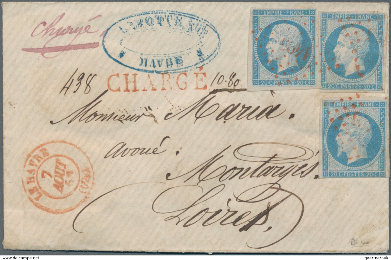 Frankreich: 1853, 20 C. Napoléon Blue, 3 Copies Multiple Franking On Small-format Chargé Letter "LE - Covers & Documents