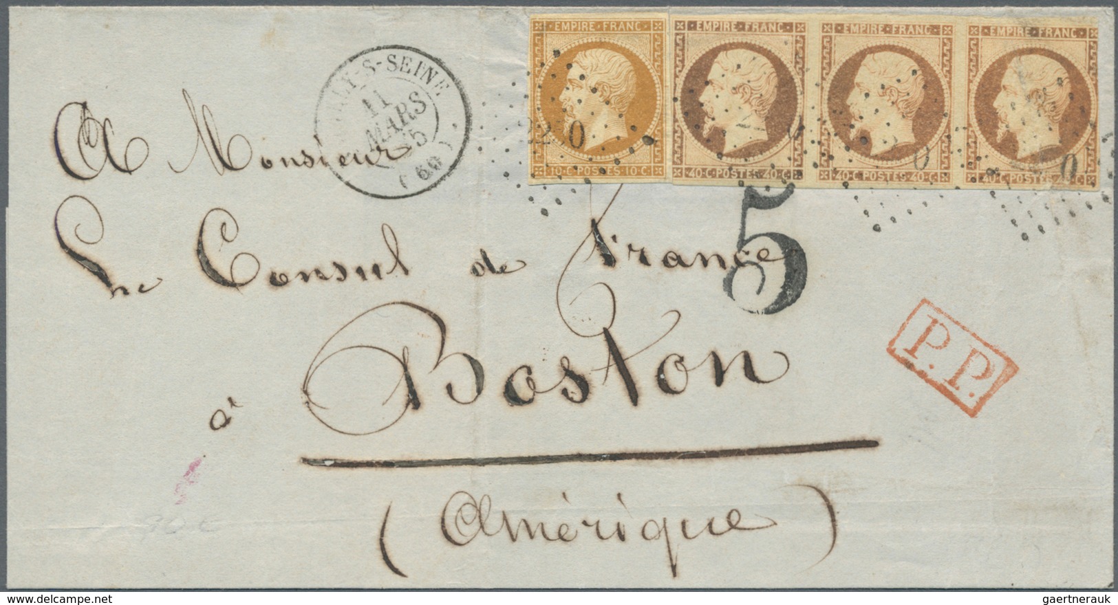 Frankreich: 1853/1855. 40 C Orange (oxydised), Horizontal Strip Of Three And 10 C Brown, Tied By Dot - Lettres & Documents