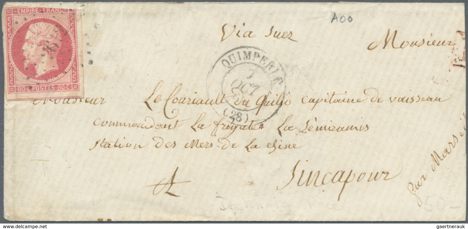 Frankreich: 1853/1862. 80 C Carmine, Cut In At Top, Single Franking Tied By Dotted Numeral 3612, QUI - Covers & Documents