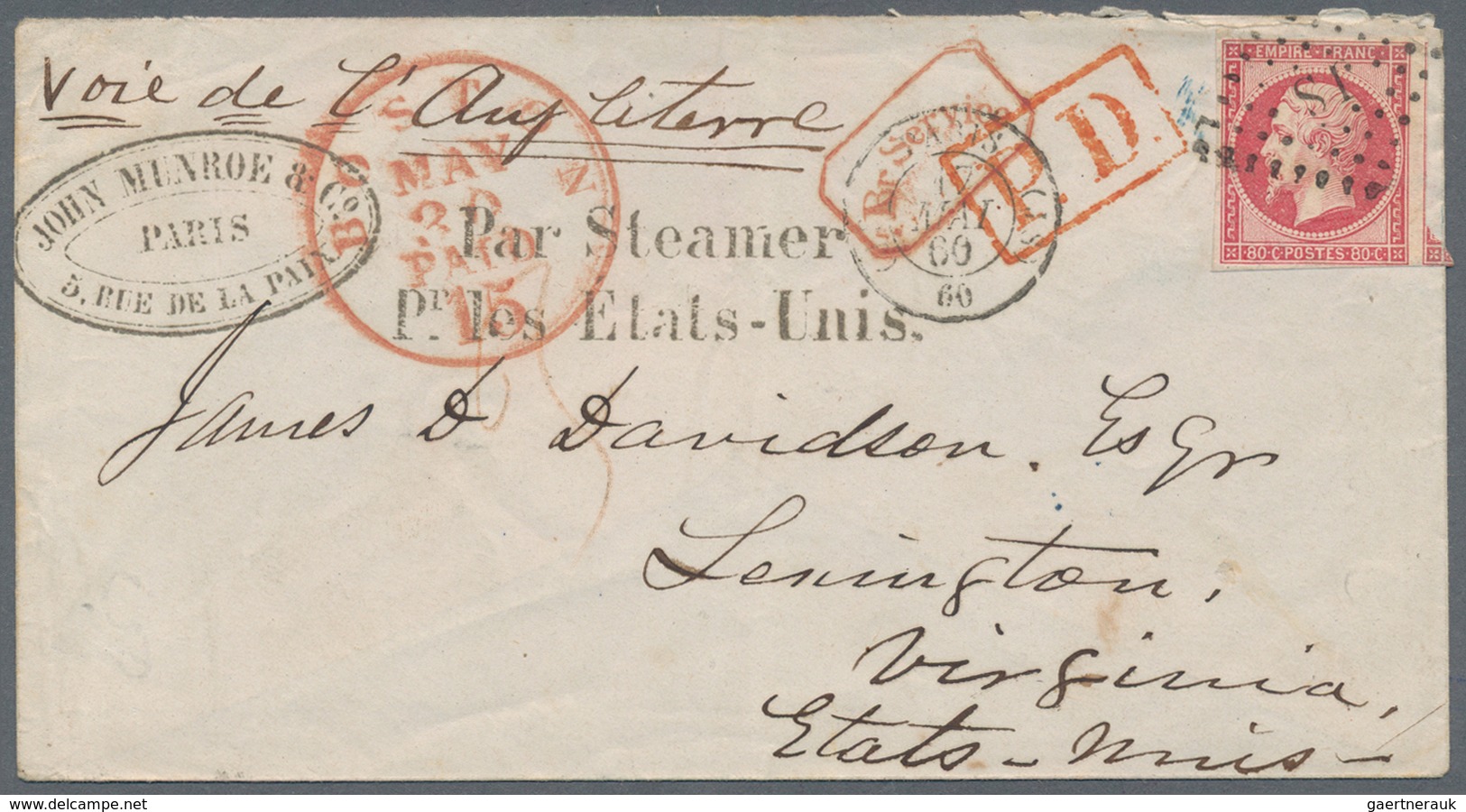 Frankreich: 1860, Shipletter Franked With 80 Cent Napoleon From PARIS 17 MAI 60" With Red Boxed "Br. - Covers & Documents