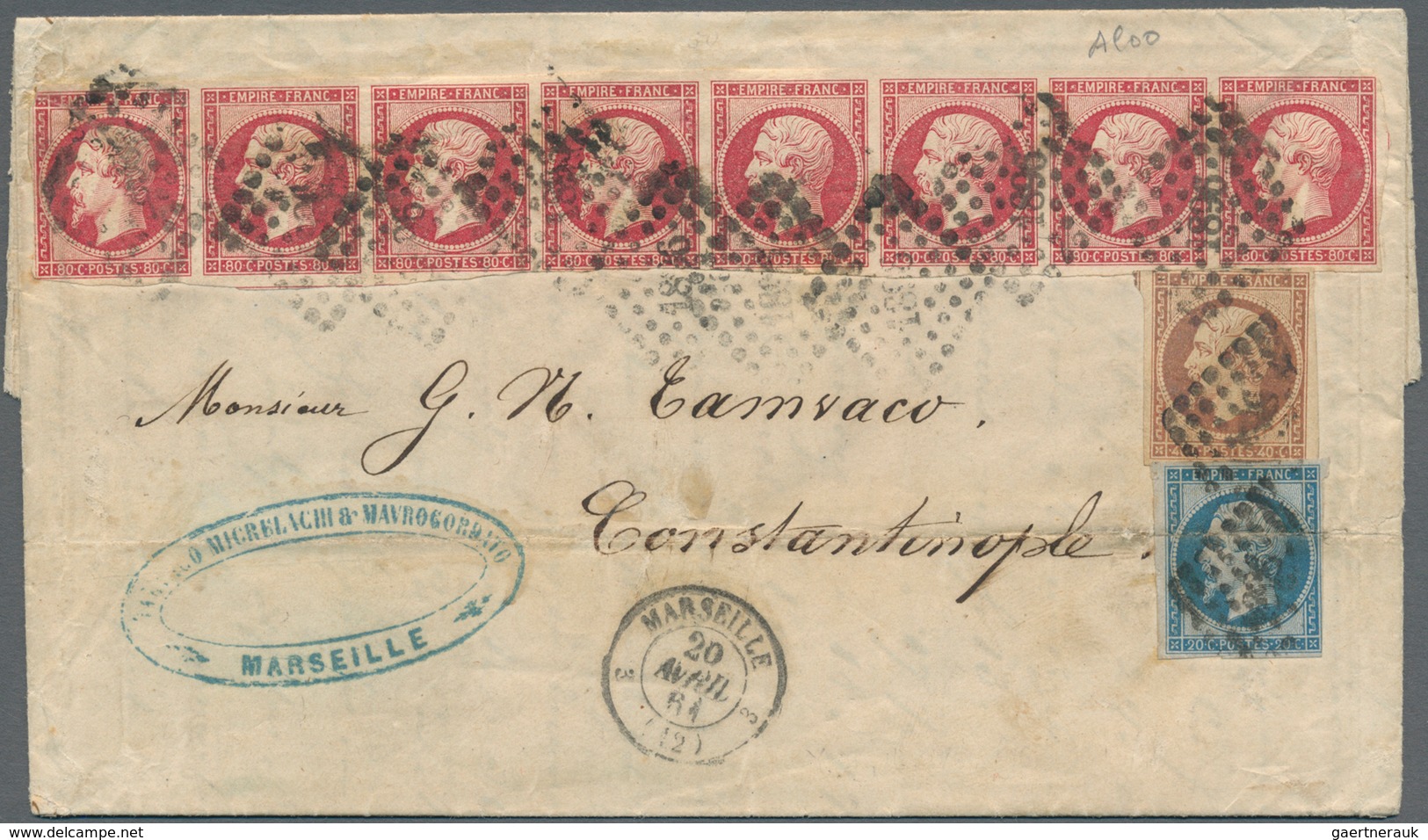 Frankreich: 1853/1861: 80 C Carmine, Horizontal Strip Of Eight, Two Stamp Slighty Touched, Together - Covers & Documents