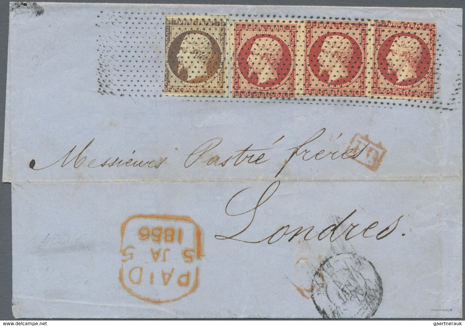 Frankreich: 1856. Napoleon III, 80 C Carmine, Three Singles, And 40 C Orange (oxidated), All Tied By - Covers & Documents