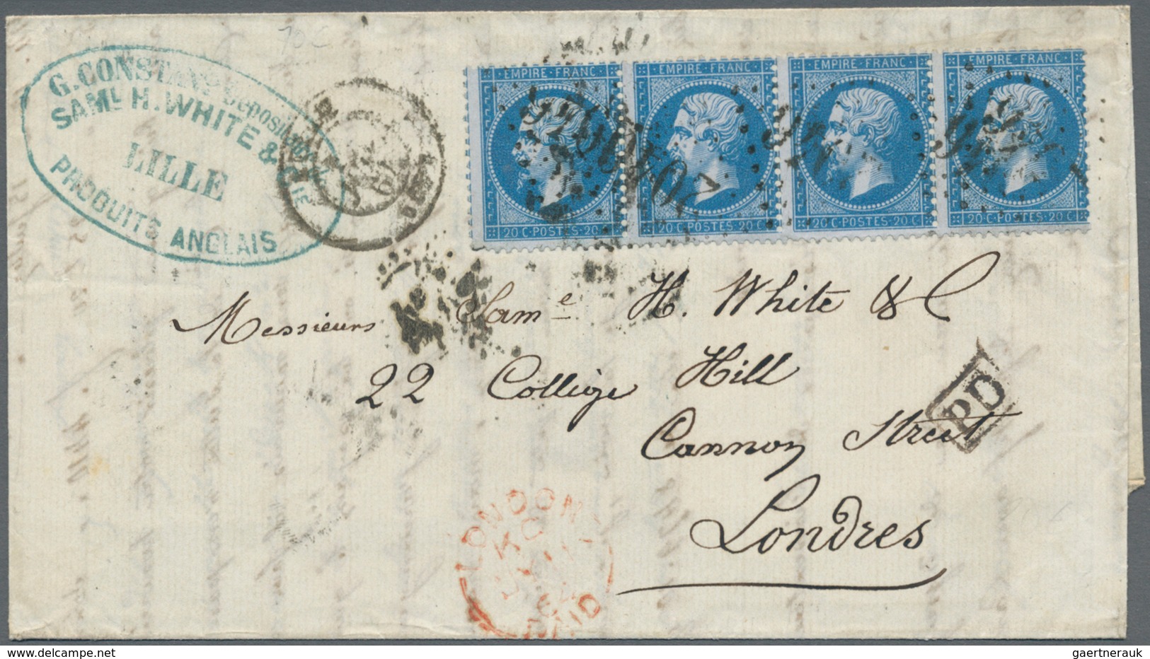 Frankreich: 1862/1864. 20 C Blue, Horizontal Strip Of Four, Annullated By Dotted Numeral 2046, Cds L - Covers & Documents