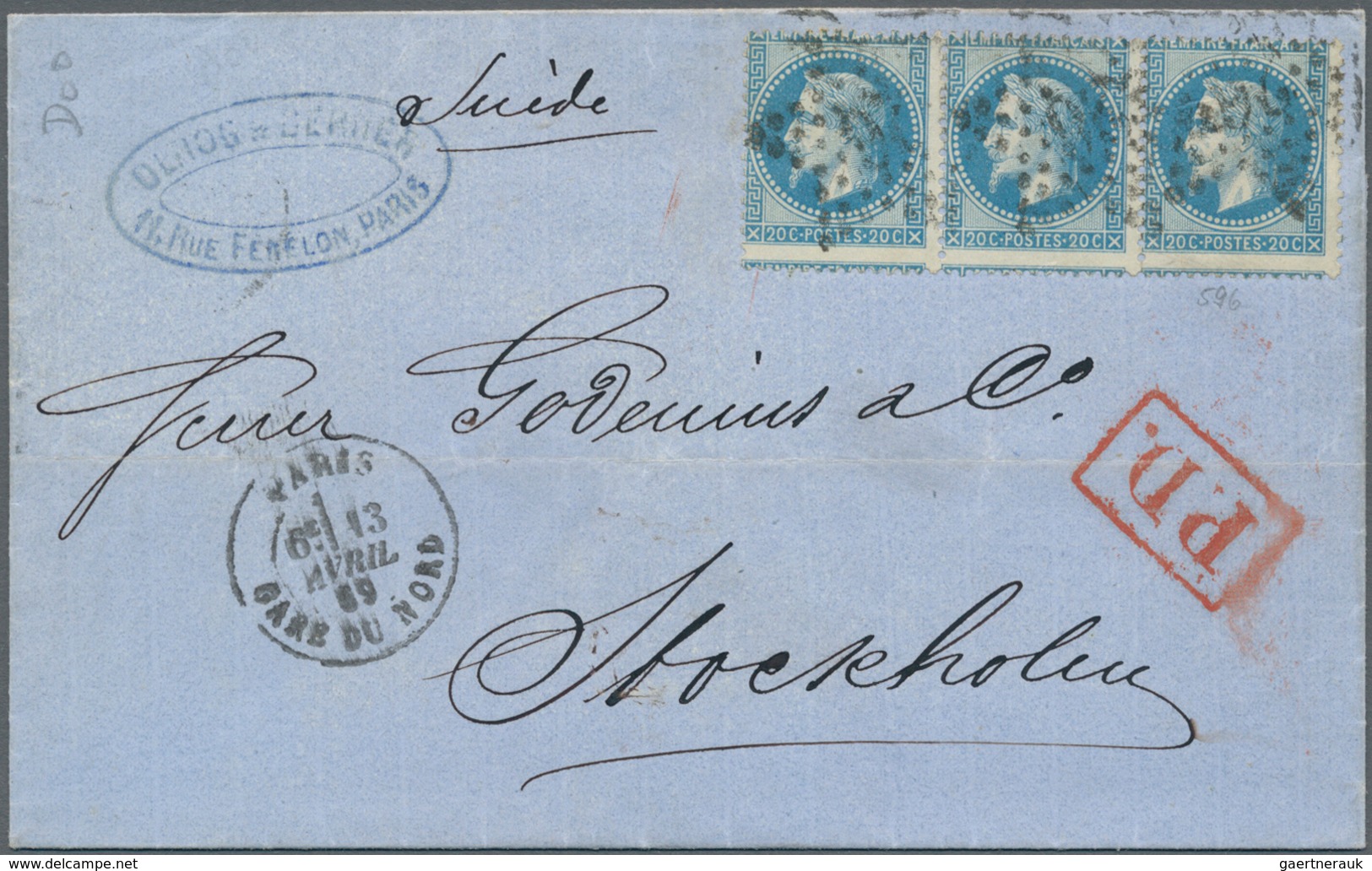 Frankreich: 1862/1869: 20 C Blue Napoleon II, Strip Of Three, Perforation Slighly Shifted In Two Dir - Covers & Documents