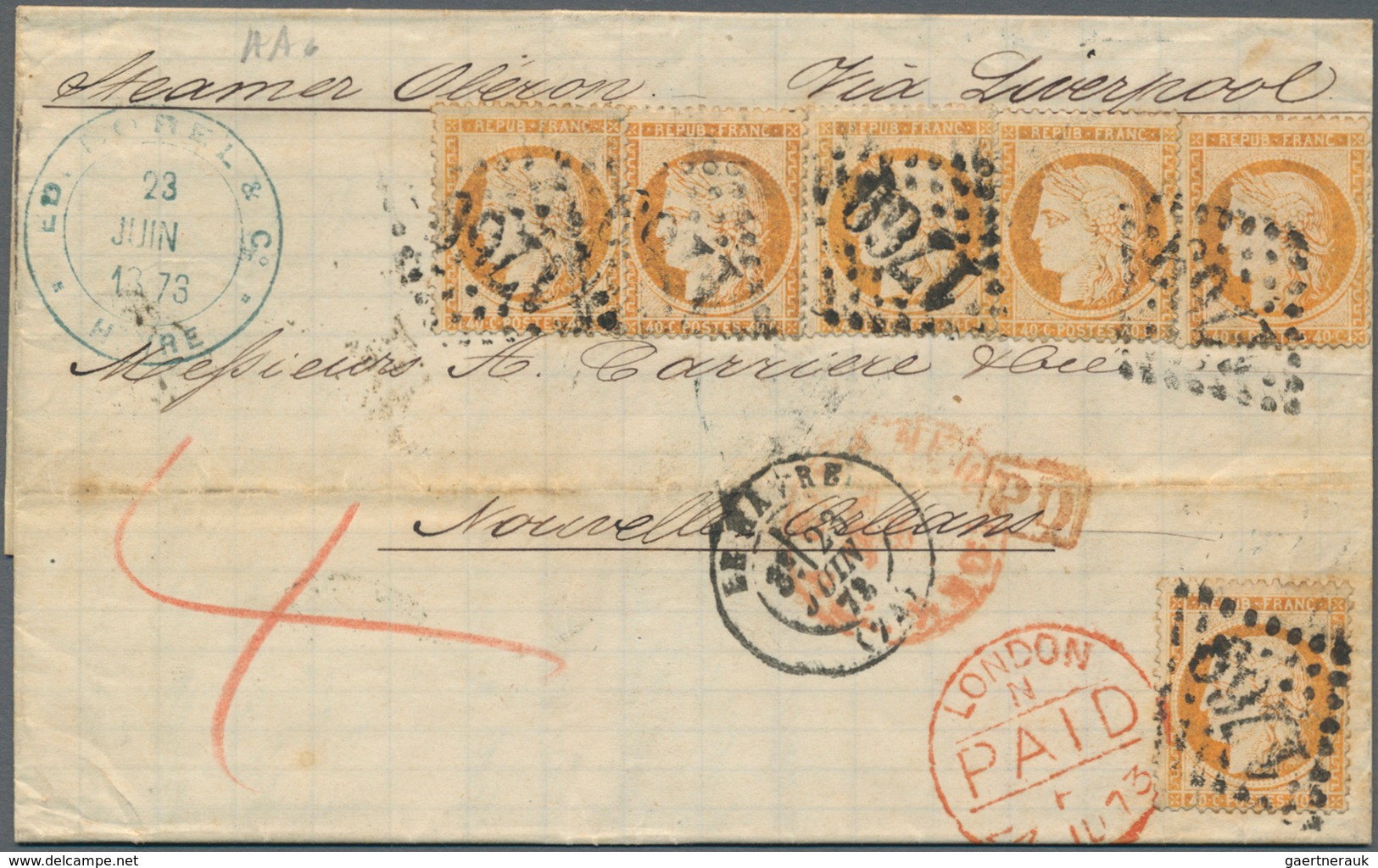 Frankreich: 1870. 40 C Orange "Ceres", 6 Stamps, Five Of Them Overlapping, Tied By Dotted Numaral "1 - Covers & Documents