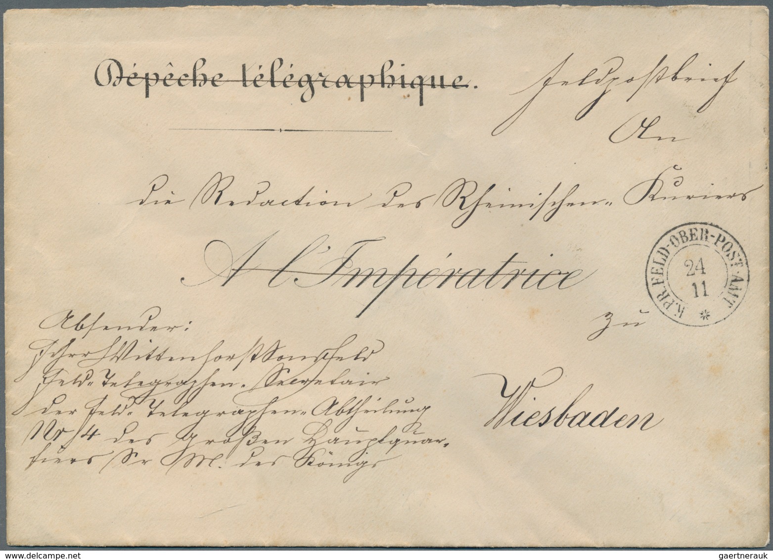 Frankreich: 1870-71 FRANCO-PRUSSIAN WAR, UNRECORDED TELEGRAPH ENVELOPE OF THE FRENCH EMPRESS (Eugeni - Covers & Documents