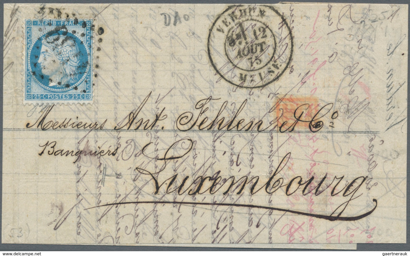 Frankreich: 1870/1872: 20 C Blue "Ceres", Tied By Dotted Numeral 4139, Cds VERDUN 12 AOUT 75 Alongsi - Covers & Documents