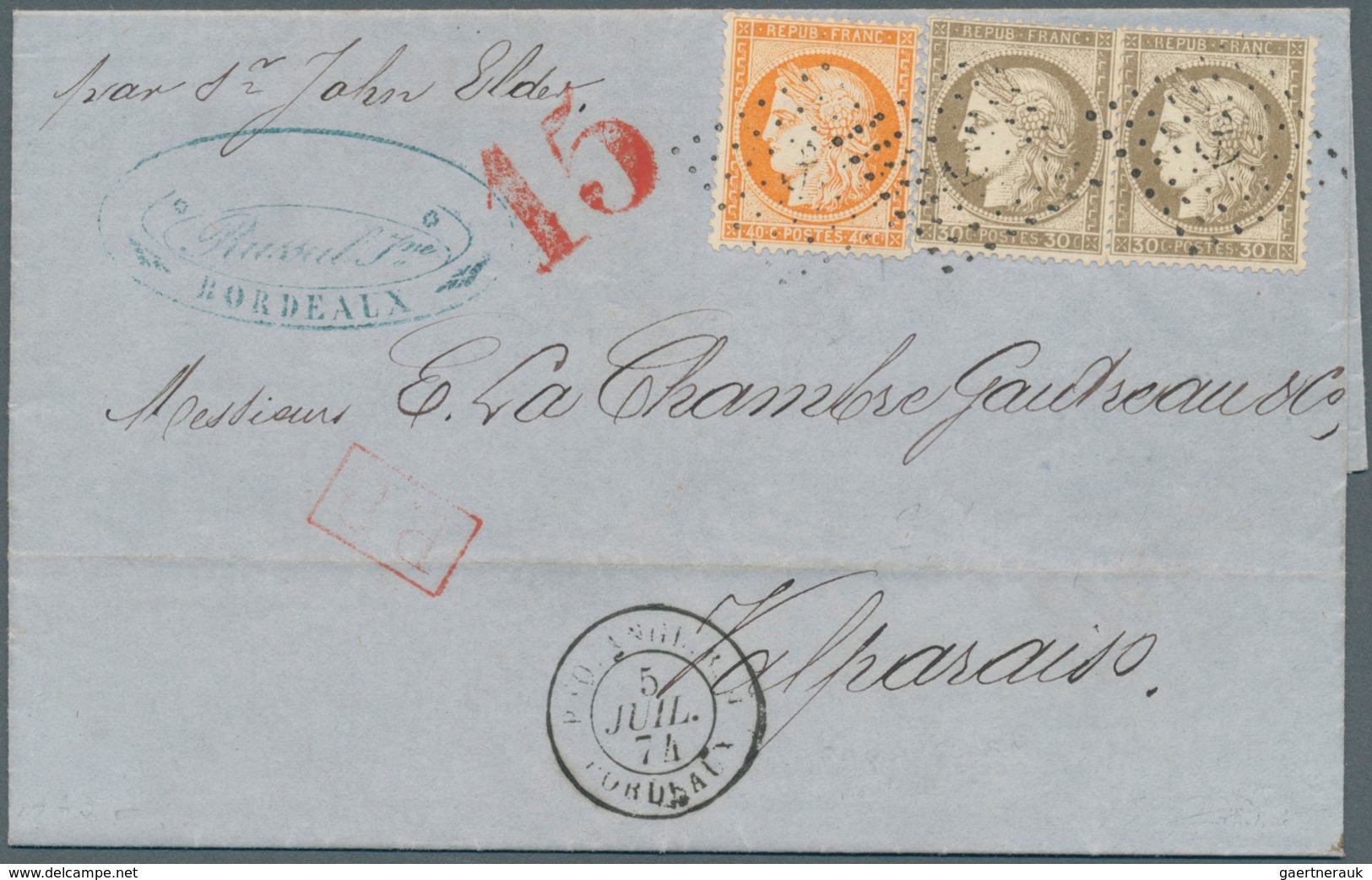 Frankreich: 1874. Envelope Written From Bordeaux '3rd June 1874' Addressed To Valparasio, Chile Bear - Covers & Documents