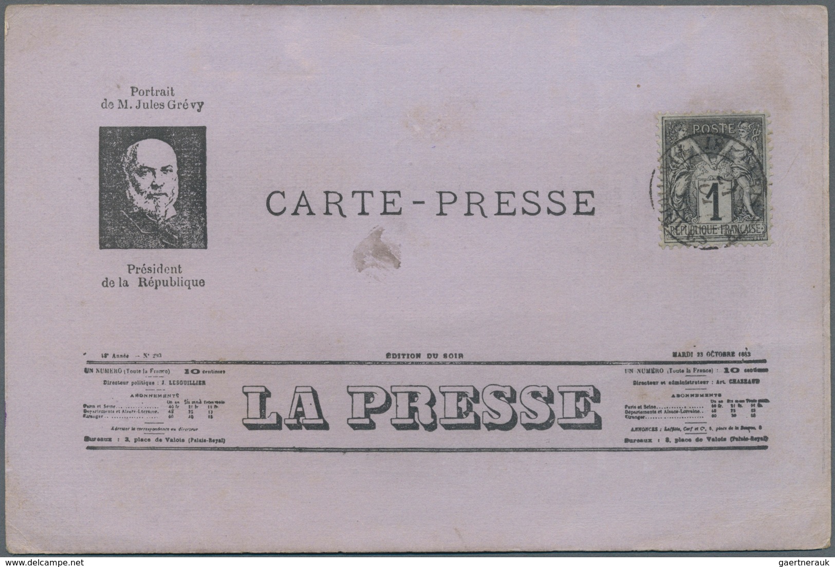 Frankreich: 1883 (ca.), Allegorie 1 C. Schwarz Auf 'CARTE-PRESSE' Mit Schwachem Zweikreisstpl. Sowie - Covers & Documents