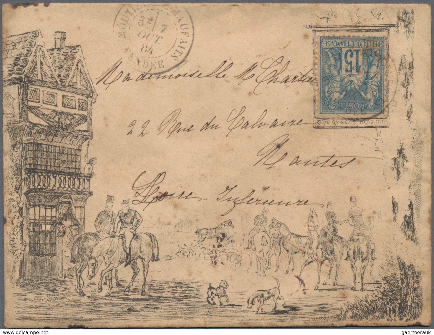 Frankreich: 1884 Illustrated Envelope (depicting "The Queens Head" From An Etching), Used From Mouti - Covers & Documents