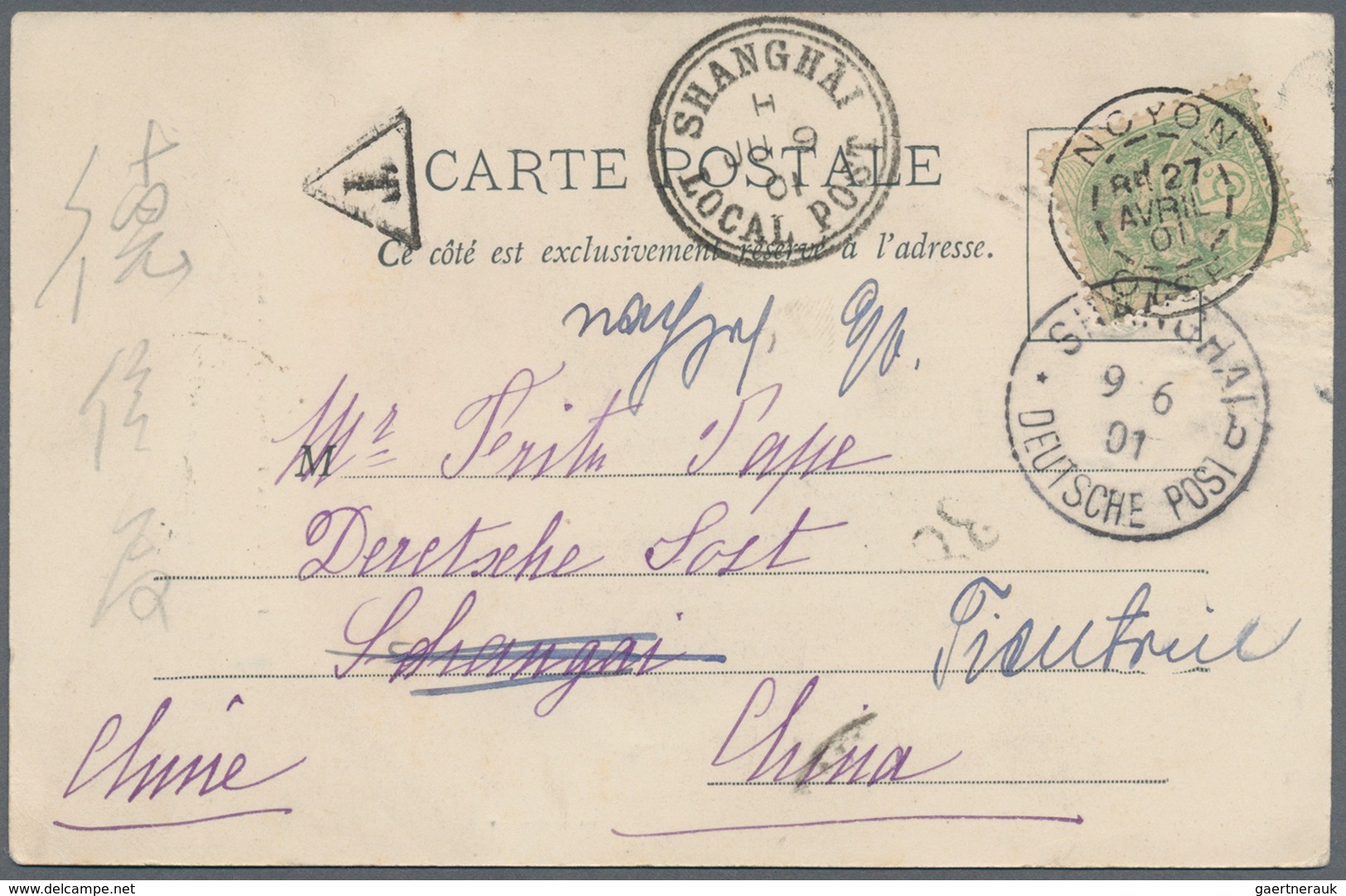 Frankreich: 1901, Ppc From "NYON 27.4.01" Via SHANGAHI LOCAL POST And "SHANGHAI DEUTSCHE POST 9.6.01 - Covers & Documents