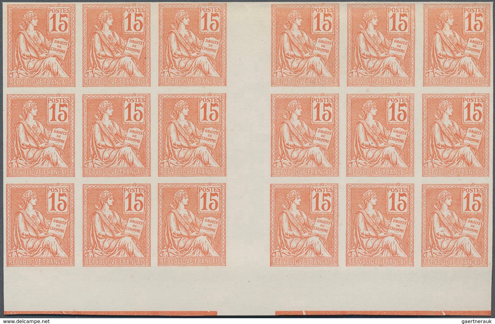 Frankreich: 1900, Mouchon 15c. Orange, Bottom Marginal IMPERFORATE Gutter Block Of 18, Ungummed Pape - Lettres & Documents