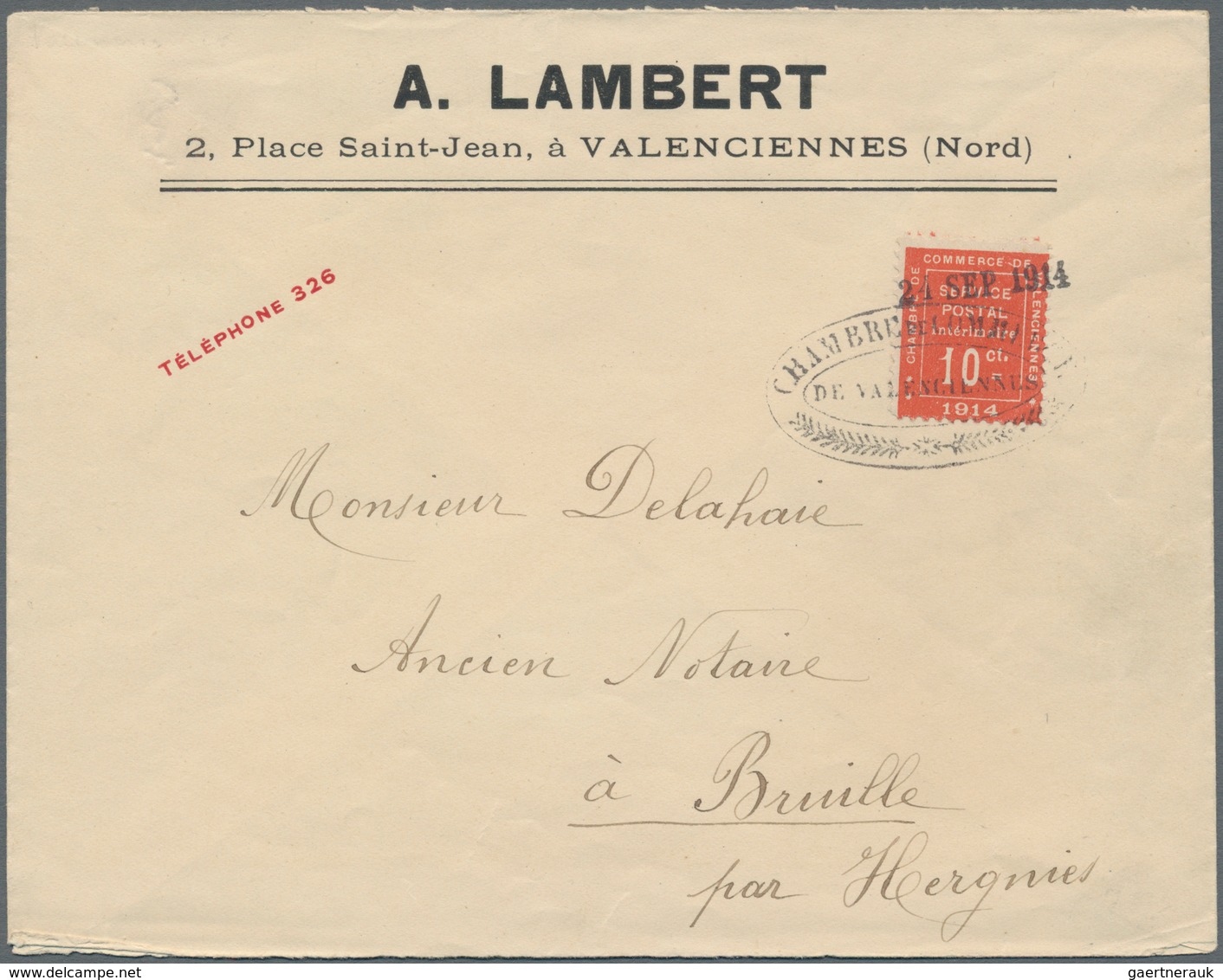 Frankreich: 1914, 10 C Vermilion Valenciennes Chamber Of Commerce Issue, Tied By Oval CHAMBRE DE COM - Covers & Documents