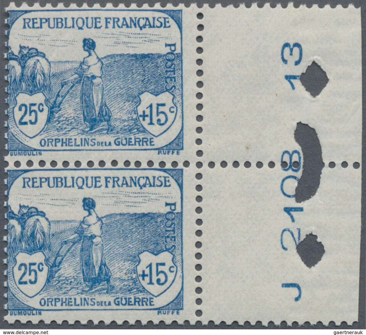 Frankreich: 1917, War Orphans 25 C. In Vertical Pair From Sheet Margin With Printing Order Number, V - Covers & Documents