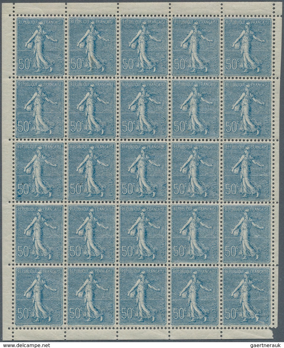 Frankreich: 1921, 50c. Blue "Semeuse Lignee", Pane Of 25 Stamps (right Selvedge Partly Separated And - Covers & Documents