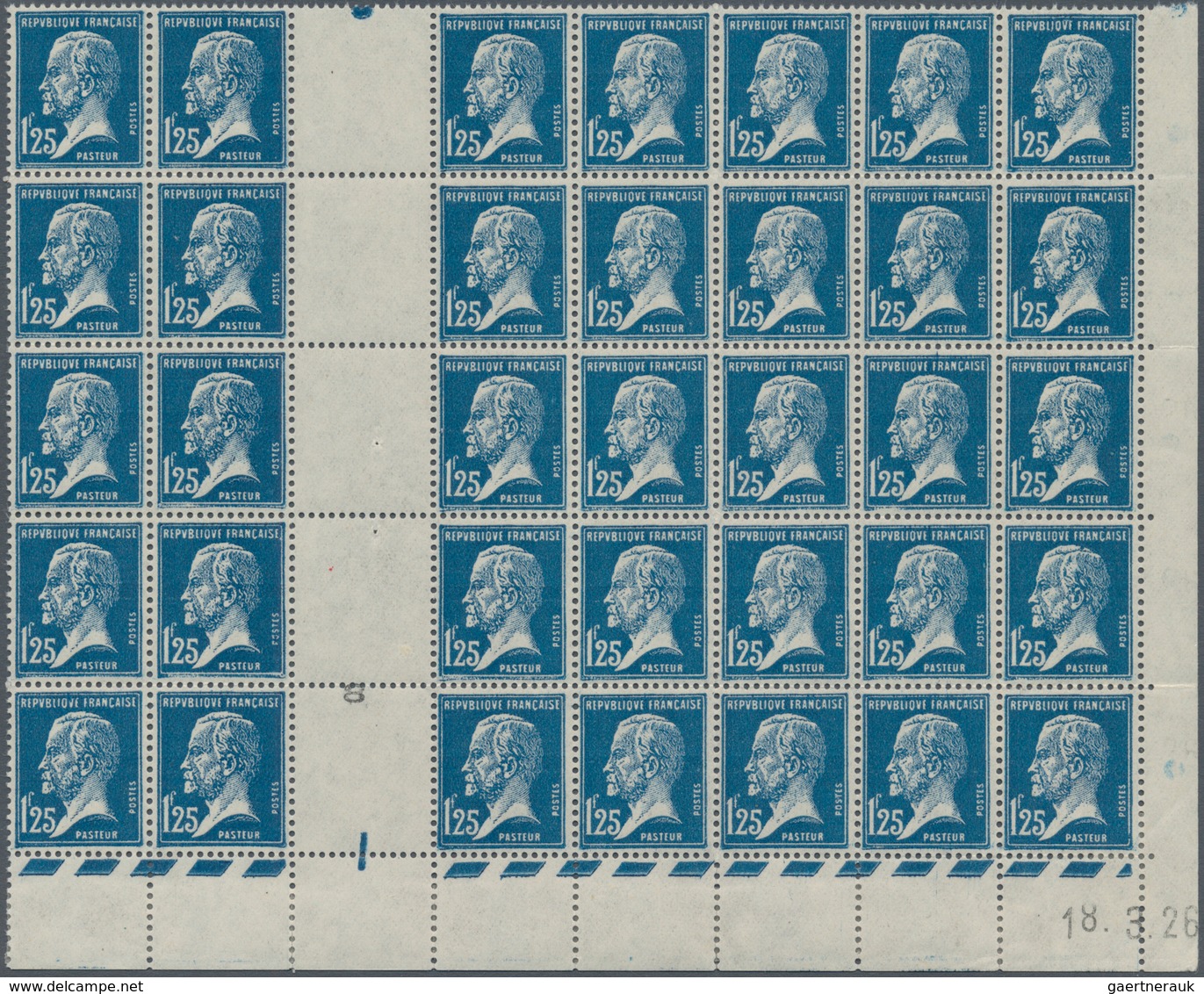 Frankreich: 1926, Pasteur 1.25fr. Blue Block Of 35 With Gutter And Printing Date ‚18.3.26‘, MNH (one - Covers & Documents