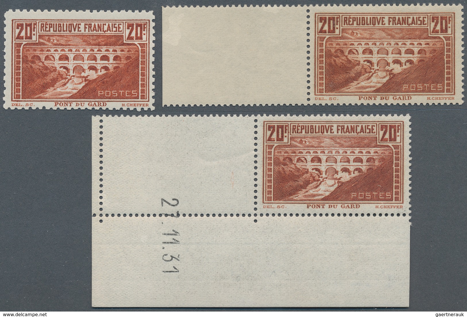 Frankreich: 1929/1931, Pont Du Gard 20 Fr. Red-brown In All Three Perforations, Mint From Margin Or - Covers & Documents